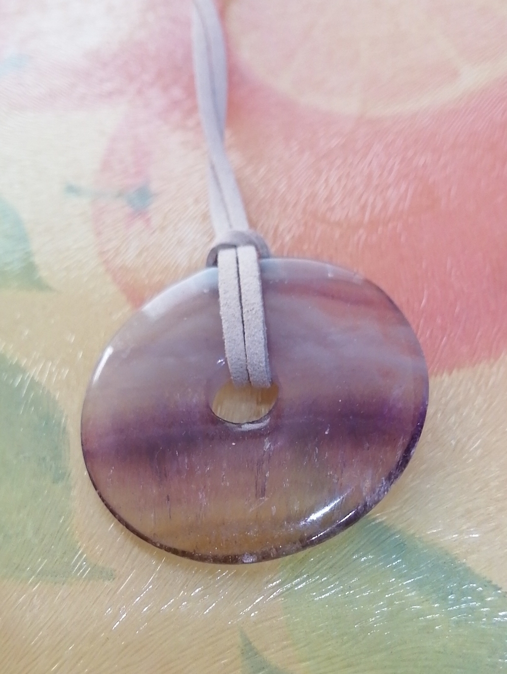 Natural Rainbow Fluorite Donut On Suede Cord Boho Style Protection And Healing